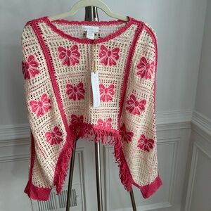 NWT House of Harlow 1960 Pink and Cream Bow Crochet Boho Poncho Coverup One Size